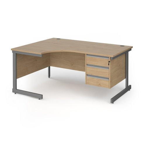 CC16EL3-G-KOContract 25 left hand ergonomic desk with 3 drawer pedestal and graphite cantilever leg 1600mm - kendal oak top