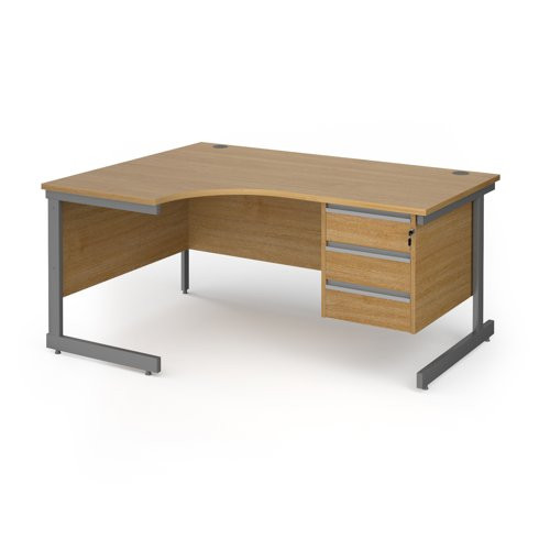 Contract 25 left hand ergonomic desk with 3 drawer pedestal and graphite cantilever leg 1600mm - oak top