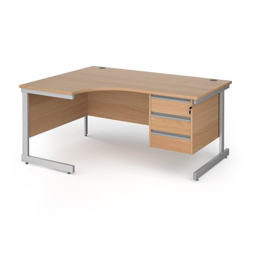 Contract 25 left hand ergonomic desk with 3 drawer pedestal and silver cantilever leg 1600mm - beech top