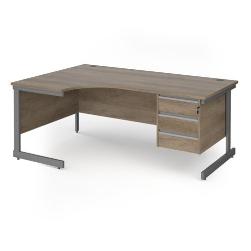 Contract 25 left hand ergonomic desk with 3 drawer pedestal and graphite cantilever leg 1800mm - nebraska oak top