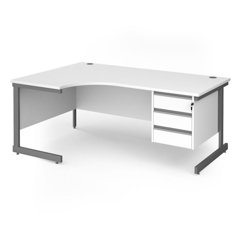 Contract 25 left hand ergonomic desk with 3 drawer pedestal and graphite cantilever leg 1800mm - white top