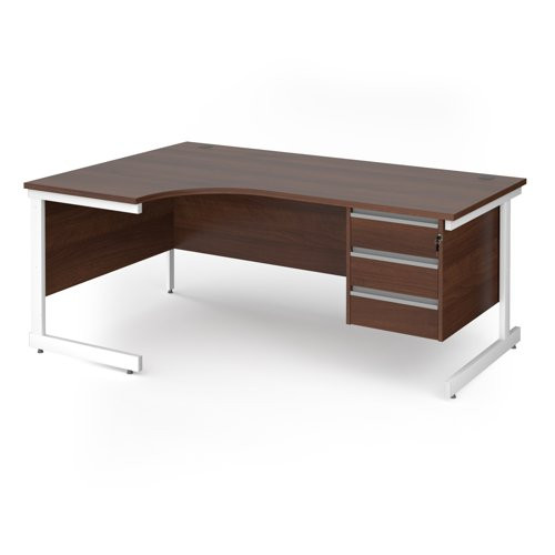 Contract 25 left hand ergonomic desk with 3 drawer pedestal and white cantilever leg 1800mm - walnut top