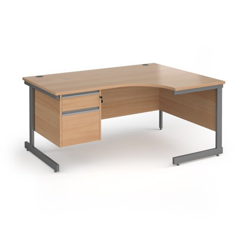 Contract 25 right hand ergonomic desk with 2 drawer pedestal and graphite cantilever leg 1600mm - beech top