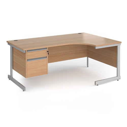 Contract 25 right hand ergonomic desk with 2 drawer pedestal and silver cantilever leg 1800mm - beech top