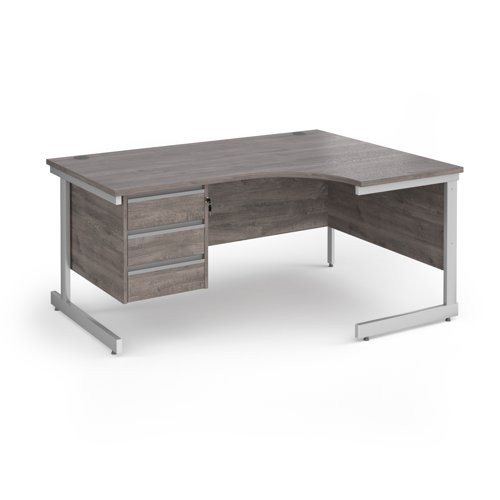 Contract 25 right hand ergonomic desk with 3 drawer pedestal and white cantilever leg 1600mm - grey oak top