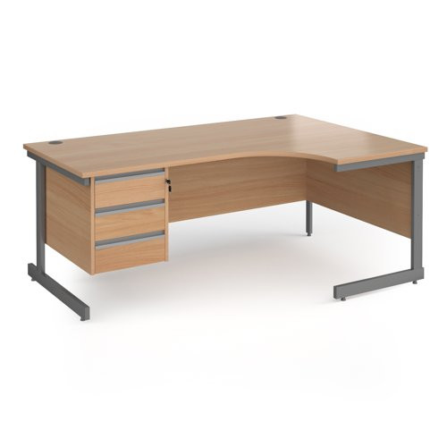 Contract 25 right hand ergonomic desk with 3 drawer pedestal and graphite cantilever leg 1800mm - beech top