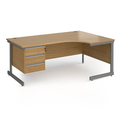 Contract 25 right hand ergonomic desk with 3 drawer pedestal and graphite cantilever leg 1800mm - oak top