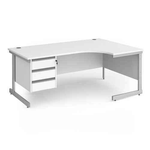 Contract 25 right hand ergonomic desk with 3 drawer pedestal and silver cantilever leg 1800mm - white top