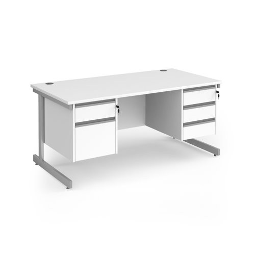 Contract 25 straight desk with 2 and 3 drawer pedestals and silver cantilever leg 1600mm x 800mm - white top