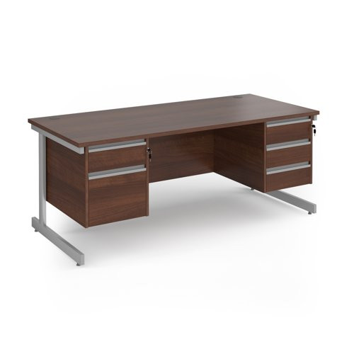 Contract 25 straight desk with 2 and 3 drawer pedestals and silver cantilever leg 1800mm x 800mm - walnut top