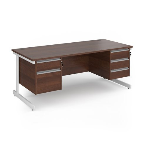 Contract 25 straight desk with 2 and 3 drawer pedestals and white cantilever leg 1800mm x 800mm - walnut top