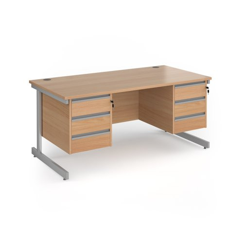 Contract 25 straight desk with 3 and 3 drawer pedestals and silver cantilever leg 1600mm x 800mm - beech top