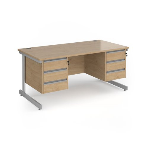 Contract 25 straight desk with 3 and 3 drawer pedestals and silver cantilever leg 1600mm x 800mm - kendal oak top