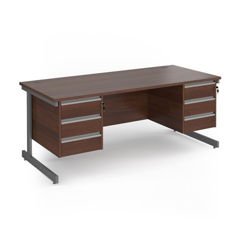 Contract 25 straight desk with 3 and 3 drawer pedestals and graphite cantilever leg 1800mm x 800mm - walnut top