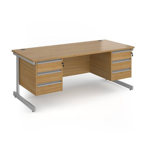 Contract 25 straight desk with 3 and 3 drawer pedestals and silver cantilever leg 1800mm x 800mm - oak top