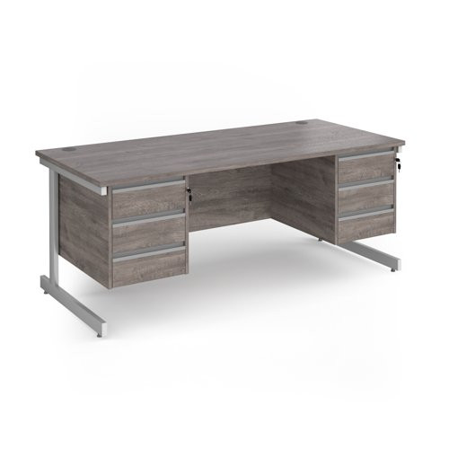 Contract 25 straight desk with 3 and 3 drawer pedestals and white cantilever leg 1800mm x 800mm - grey oak top