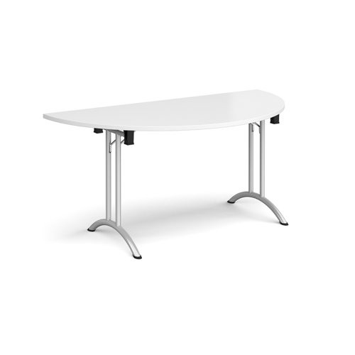 Semi circular folding leg table with silver legs and curved foot rails 1600mm x 800mm - white