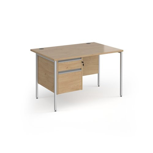 Contract 25 straight desk with 2 drawer pedestal and silver H-Frame leg 1200mm x 800mm - kendal oak top