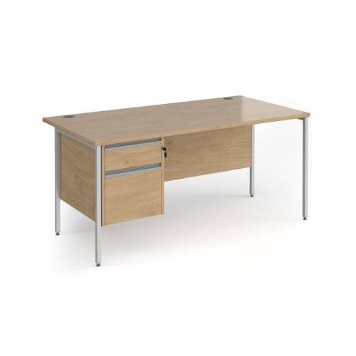 Contract 25 straight desk with 2 drawer pedestal and silver H-Frame leg 1600mm x 800mm - kendal oak top