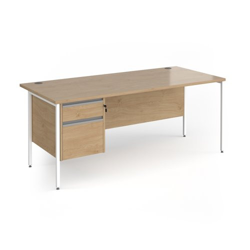 Contract 25 straight desk with 2 drawer pedestal and white H-Frame leg 1800mm x 800mm - kendal oak top