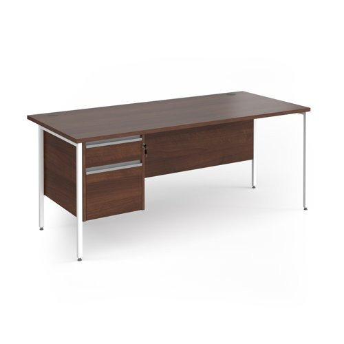 Contract 25 straight desk with 2 drawer pedestal and white H-Frame leg 1800mm x 800mm - walnut top
