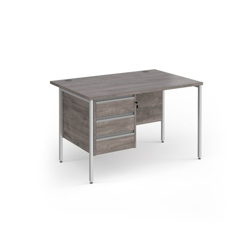 Contract 25 straight desk with 3 drawer pedestal and white H-Frame leg 1200mm x 800mm - grey oak top