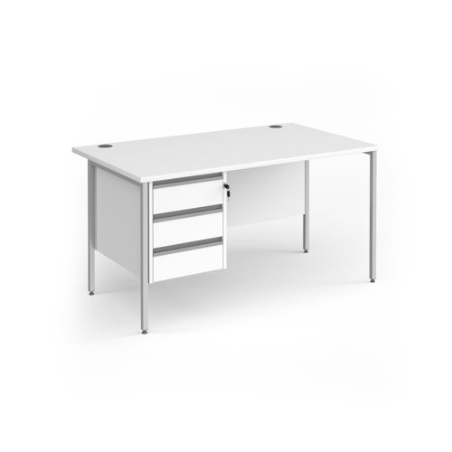 Contract 25 straight desk with 3 drawer pedestal and silver H-Frame leg 1400mm x 800mm - white top
