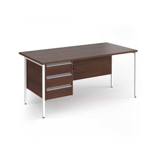 Contract 25 straight desk with 3 drawer pedestal and white H-Frame leg 1600mm x 800mm - walnut top