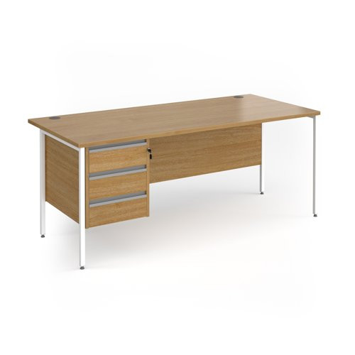 Contract 25 straight desk with 3 drawer pedestal and white H-Frame leg 1800mm x 800mm - oak top