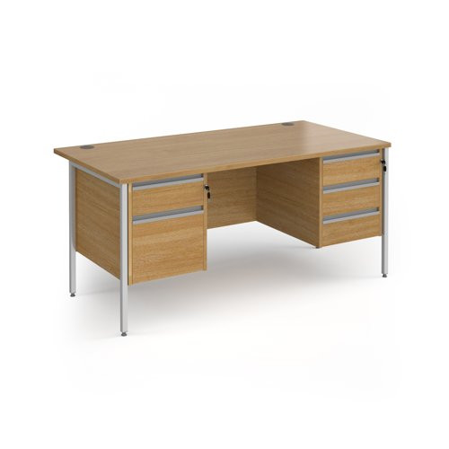 Contract 25 straight desk with 2 and 3 drawer pedestals and silver H-Frame leg 1600mm x 800mm - oak top