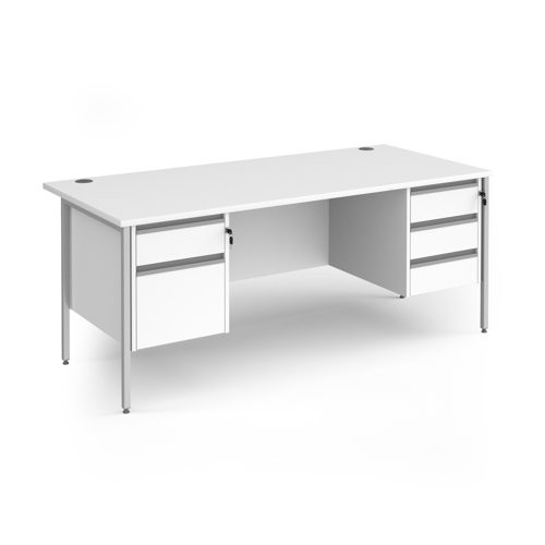 Contract 25 straight desk with 2 and 3 drawer pedestals and silver H-Frame leg 1800mm x 800mm - white top