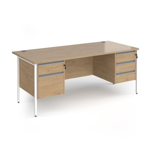Contract 25 straight desk with 2 and 3 drawer pedestals and white H-Frame leg 1800mm x 800mm - kendal oak top