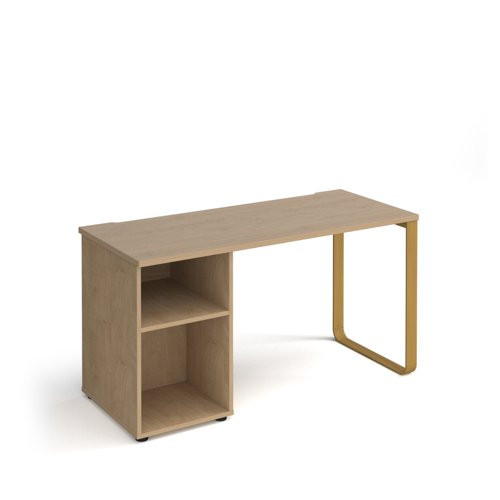 Cairo straight desk 1400mm x 600mm with sleigh frame leg and support pedestal - brass frame, Oak Top