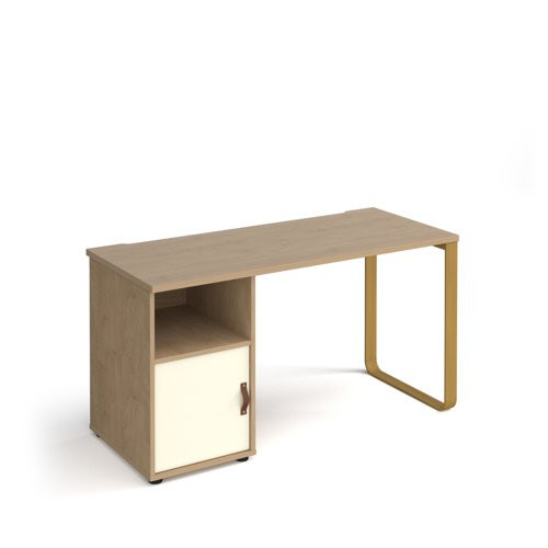 Cairo straight desk 1400mm x 600mm with sleigh frame leg and support pedestal with cupboard door - brass frame, oak finish with white door