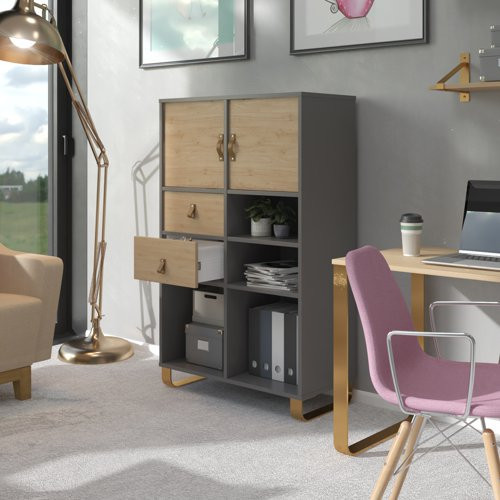 Universal cube storage unit 1295mm high on glides with matching shelf, 2 cupboards and drawers - white with grey inserts