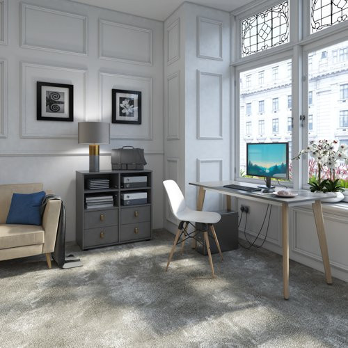 Universal cube storage unit 875mm high on glides with 2 cupboards and 2 sets of drawers - oak with oak inserts