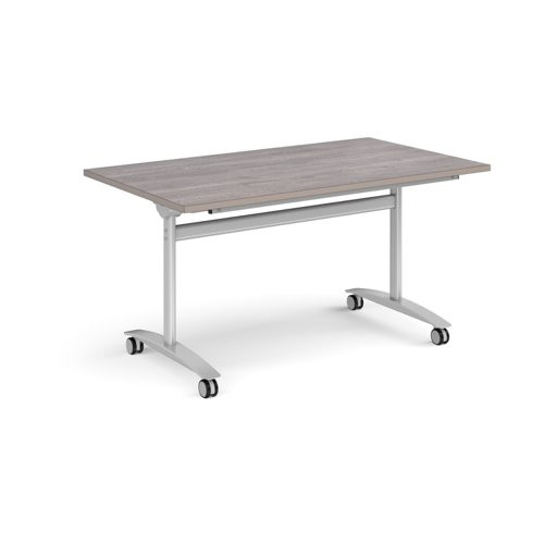 Rectangular deluxe flip top meeting table with silver frame 1400mm x 800mm - grey oak