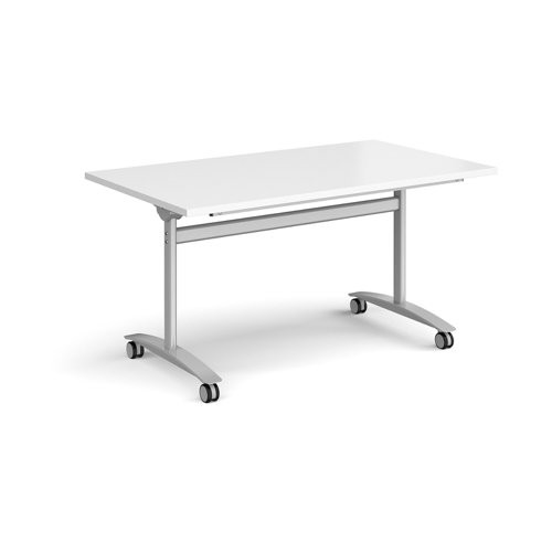 Rectangular deluxe flip top meeting table with silver frame 1400mm x 800mm - white