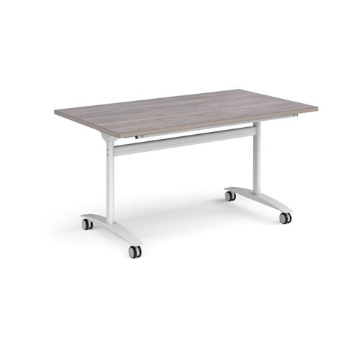 Rectangular deluxe flip top meeting table with white frame 1400mm x 800mm - grey oak