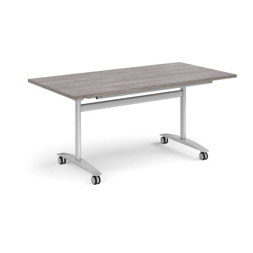 Rectangular deluxe flip top meeting table with silver frame 1600mm x 800mm - grey oak