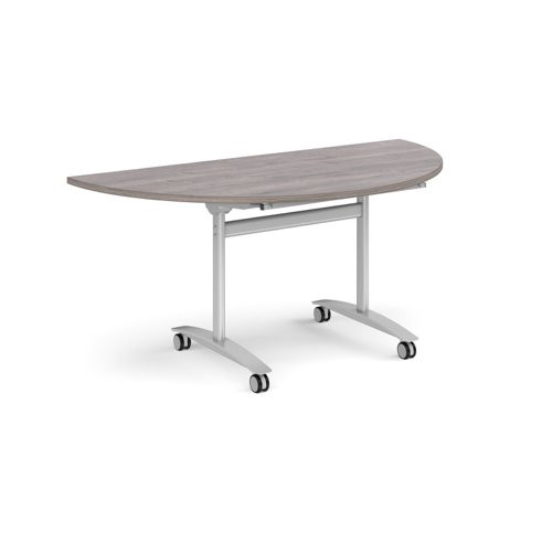 Semi circular deluxe flip top meeting table with silver frame 1600mm x 800mm - grey oak