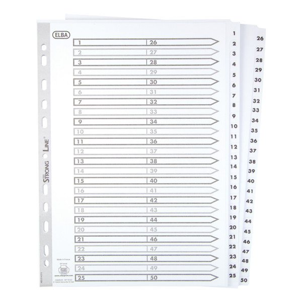Elba Index 1-50 Multipunched Mylar-reinforced Tabs 170gsm A4 White Ref 100080813