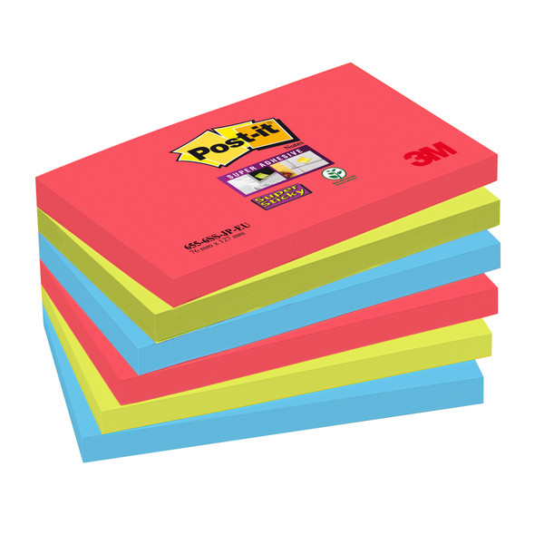 Post-it Super Sticky Colour Notes Pad 90 Sheets BoraBora 76x127mm Ref 655-6SS-JP [Pack 6]