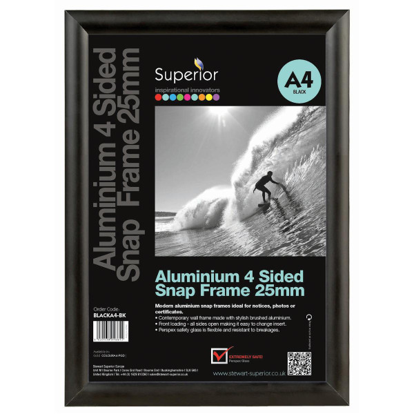 Snap Frame with Mounting Kit Aluminium with Anti-glare PVC Front-loading A4 297x210mm Black