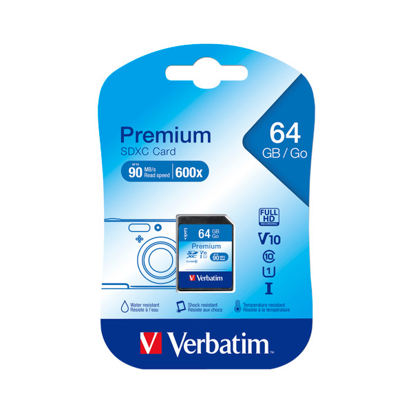 Verbatim SDHC Media Memory Card SD 2.0 FAT32 Class 10 Read 10MB/s Write 10MB/s 64GB Ref 44024