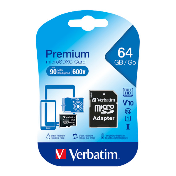 Verbatim Micro SDXC Card Including Adapter 64GB Black Ref 44084