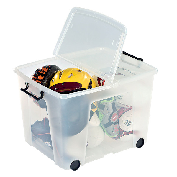 Strata Smart Box Clip-On Folding Lid Carry Handles 75 Litre Clear with Black Wheels Ref HW676CLR
