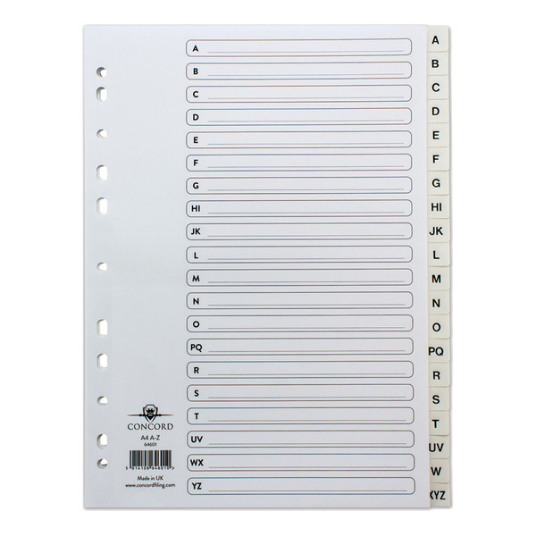 Concord Index A-Z 20-Part Polypropylene Multipunched Reinforced Holes 120 Micron A4 White Ref 64601