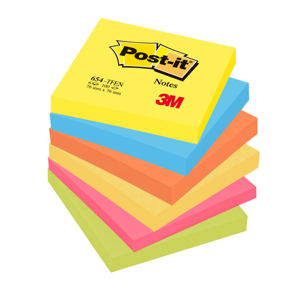 Post-it Colour Notes Pad of 100 Sheets 76x76mm Energetic Palette Rainbow Colours Ref 654TFEN [Pack 6]