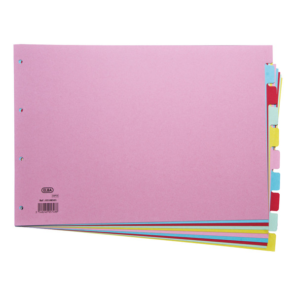 Elba Subject Dividers 10-Part Card Multipunched Recyclable 160gsm A3 Assorted Ref 100080772